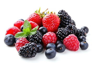 Pile of Berries and Raspberries on a White Background