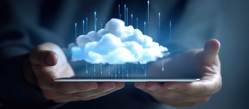 weather forecast technology concept, cloud transparency background technology lines above a tablet held by a worker