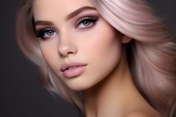 Fototapeta premium Beautiful Blonde hair face model with makeup, beauty tips for girls, in the style of serene faces, light magenta and beige, subtle