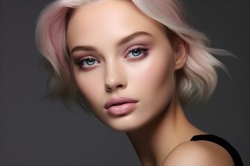 Naklejka premium Beautiful Blonde hair face model with makeup, beauty tips for girls, in the style of serene faces, light magenta and beige, subtle