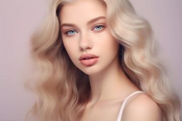 Naklejka premium Beautiful Blonde hair face model with makeup, beauty tips for girls, in the style of serene faces, light magenta and beige, subtle