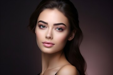 Naklejka premium Beautiful dark hair face model with makeup, beauty tips for girls, in the style of serene faces, light magenta and beige, subtle, skin care