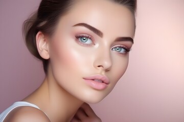 Fototapeta premium Beautiful dark hair face model with makeup, beauty tips for girls, in the style of serene faces, light magenta and beige, subtle, skin care