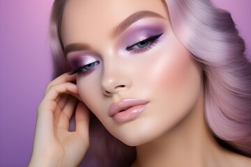 Beautiful Blonde hair face model with purple makeup, beauty tips for girls, in the style of serene faces, light magenta and beige, subtle