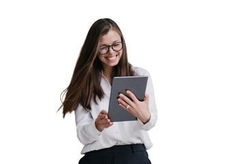 Laughing brunette young businesswoman in white shirt black pants and glasses holding laptop giggling eyes closed against transparent background. Cheerful hispanic  student girl happy