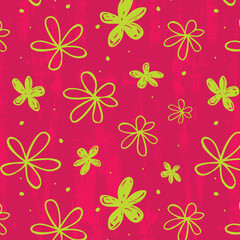 Seamless child's drawn flowers pattern. Wax crayon kid's hand drawn flowers  Vector simple plant background. Modern floral print with daisy, ditsy or chrysanthemum. 