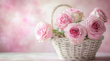 Fototapeta na wymiar Pink Roses Basket on Table, Floral Arrangement With Blooming Flowers