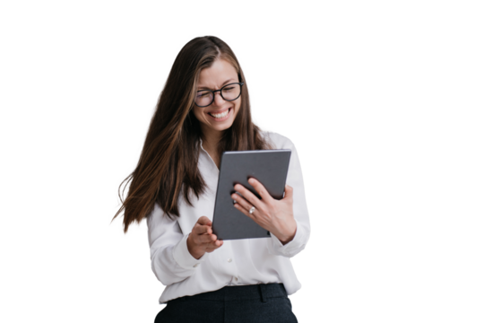 Laughing brunette young businesswoman in white shirt black pants and glasses holding laptop giggling eyes closed against transparent background. Cheerful hispanic  student girl happy - Powered by Adobe