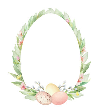 Easter egg shaped frame decorated with greenery, flowers and eggs. Vector watercolor composition with space for text for holiday cards and greetings. Hand drawn illustration.