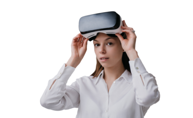 Confident student woman looks at camera using virtual reality headset against transparent background. Serious young hispanic woman putting on vr glasses.