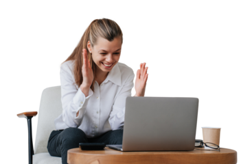 Cheerful young woman in business attire sits at desk with laptop discussing with friend makes video call shows measure by hands laughing against transparent background.
