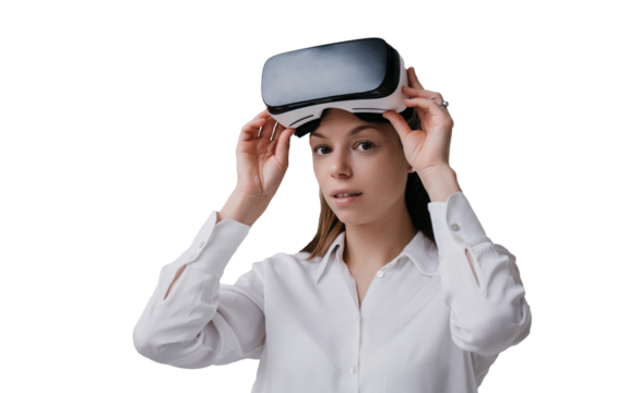 Confident student woman looks at camera using virtual reality headset against transparent background. Serious young hispanic woman putting on vr glasses.