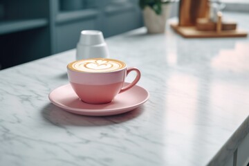 Fototapeta na wymiar Cup with Latte Coffee. Heart shaped latte art