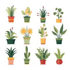 Fototapeta na wymiar Set of potted plants for home. Different indoor houseplants isolated on white background. Vector illustration