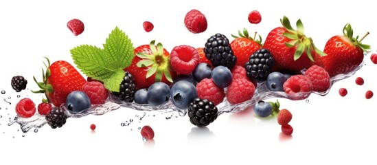 Fruits are black, blue and red. Ripe red currants, strawberries, raspberries, blackberries, blueberries and blackcurrants on a white background
