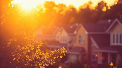 Fototapeta na wymiar Bright Sun Shines Through Trees, Illuminating Houses in the Background