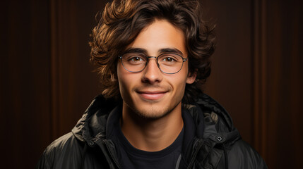 Fototapeta premium Portrait of young boy with glasses smiling at camera wearing casual clothes and dark background with copy space. Hispanic college student.