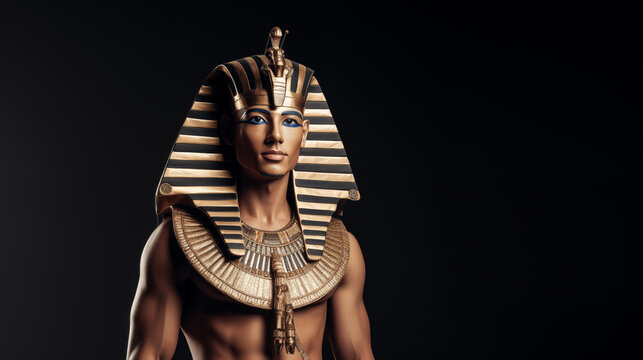 pharaoh Tutankhamun with egyptian outfit on black background