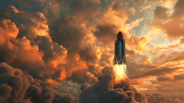 a cloudy sky with a spacecraft taking off from a cloud, in the style of light bronze and orange, high dynamic range, vignetting, romantic scenery, imposing monumentality, luminist, distinctive noses