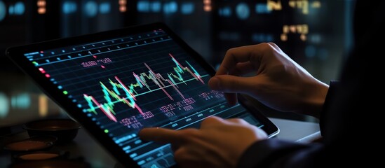 Businessman trading stock market online graph transparency on tablet screen