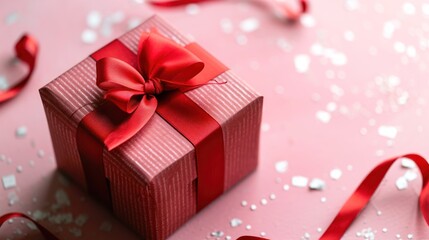 Obraz premium Red Gift Box With Ribbon on Pink Background