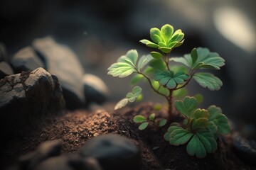 Young developing plant growing on rocky surface