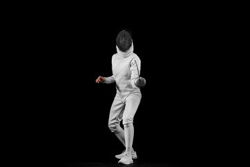 Energy portrait of female fencer lunges forward, her blade poised to strike against black studio...