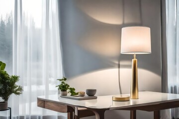 A trendy color scheme for your interior includes a white cream lampshade and a table lamp with a...