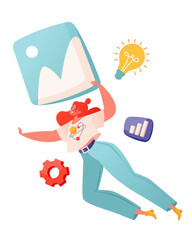 Metaphor. A girl flying in the air. She is holding a stylized icon. Social media and marketing. Branded content for creative blogs or personal brands. Advertising or promotion, training and developmen