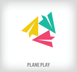 Fototapeta premium Creative Paper airplane and play sign logo. Unique color transitions. Transportation and entertainment media logo template. vector