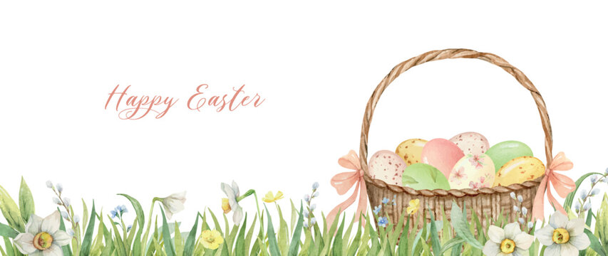 Watercolor floral banner with basket, Easter eggs, flowers and green grass. Vector design for cards, Baptisms, Christenings, invitations, postcards, packaging. Hand drawn illustration.