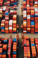 Shipping containers for ship in harbor logistics shipping cargo at dock aerial view 
