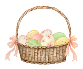 Happy Easter watercolor vector card of a basket with eggs and bows. Vector design for banner, invitations, postcards, packaging. Hand drawn illustration.