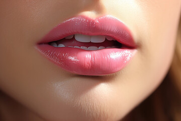 Fototapeta premium Plump female lips with pink lipstick, lip gloss, close-up.