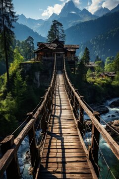 Beautiful nature landscape with mountains and wooden bridge 