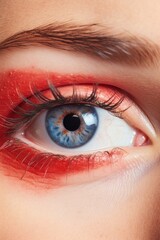 Close-up shot of a female eye with red makeup