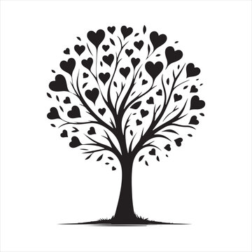 Starlit Love Serenade: Valentine Tree Silhouette Perfect for Romantic Stock Photos - Love Tree Black Vector Stock
