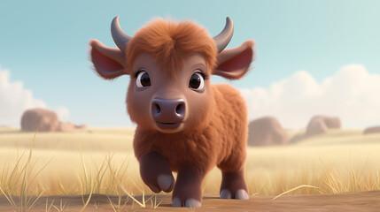 highland cow on the meadow 3D cartoon