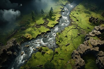 Aerial view of a beautiful mountain landscape with a clear mountain river
