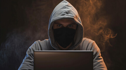 Hooded Masked Man with Laptop on Dark Background - Cyber Security Concept