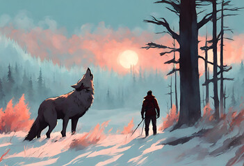 giant wolf in fire meadow, digital art style, illustrative painting, dark background, v12