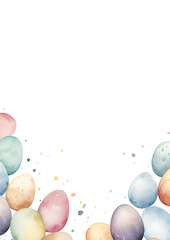 border of tiny speckled pastel eggs, empty copy space, watercolor illustration isolated on white background with margins, - obrazy, fototapety, plakaty
