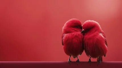 Poster Minimalist valentine's day Concept: Two red love birds on red background modern minimalism, valentines day wallpaper banner, 14th February relationship couple romantic card © Mohammad