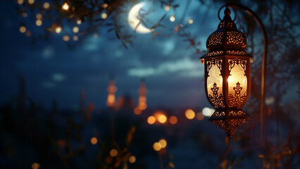 Fototapeta na wymiar Ornamental arabic lantern and half moon. Ramadan background.