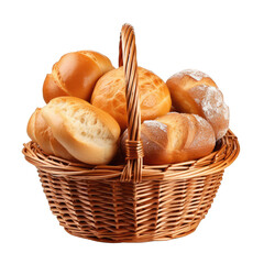 Bread and rolls in wicker basket isolated on cutout PNG transparent background