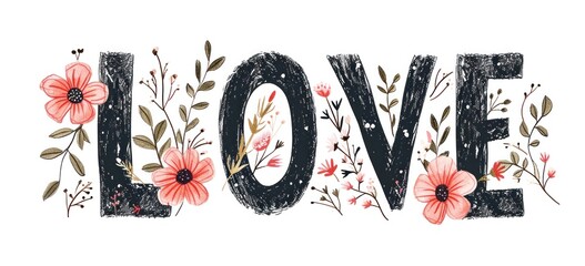 Floral embellished love typography for Valentine's Day greeting. Romance and celebration. - obrazy, fototapety, plakaty