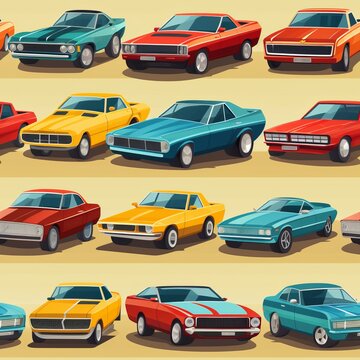 Vibrant and Playful Seamless Pattern of Vintage American Cars for Childrens Room Decor and Design