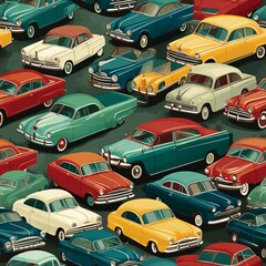 Naklejka premium Vintage Cartoon Car Pattern for Decorating Childrens Room with Retro Cars and Playful Designs