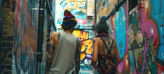 Urban explorers in alley with vibrant graffiti art. Street culture and youth.