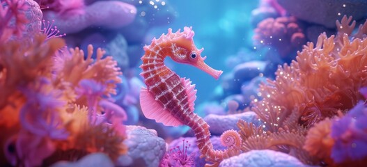 Colorful animated seahorse exploring vibrant coral reef. Underwater marine life.